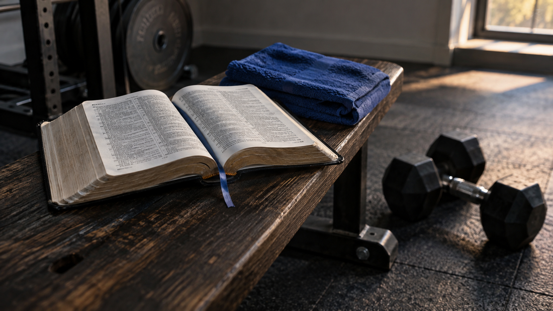 Open Bible on a wooden gym bench with a blue towel and dumbbells in morning light.